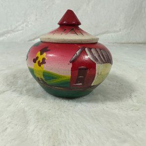 Vintage Haitian Folk Art Turned Wood Hand painted Trinket Box  3" H